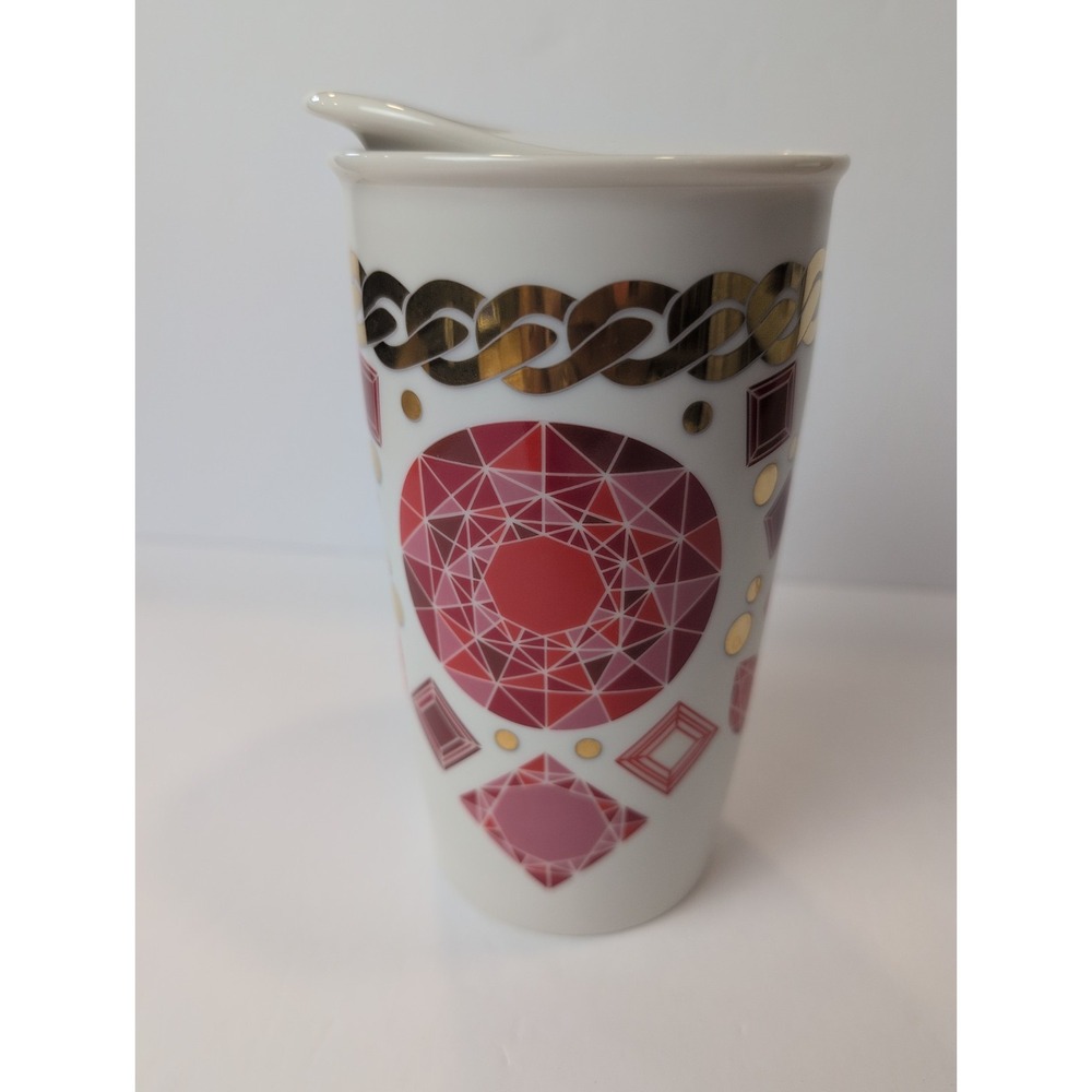 Starbucks 2014 Red Jewel Gold Lid Bling Ruby Gem 12oz Ceramic Coffee Tumbler mug